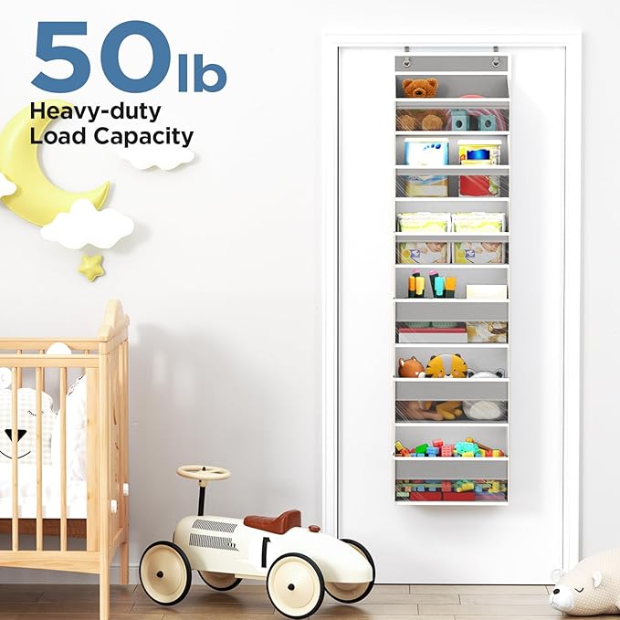 6 Tiers Over The Door Organizer, Heavy Duty Hanging Organizer Storage with Large Capacity Pockets, Behind Door Storage Hanging Shelves for Closet Wall Bathroom Bedroom Nursery Pantry, 1 Pack Grey