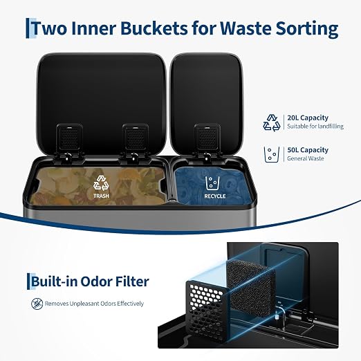Dual Kitchen Trash Can 13.2 + 5.2 gal (50+20L) Stainless Steel Trash Cans with Soft Close Lid Large Double Garbage and Recycling Bin with 2 Removable Inner Buckets Step-on Metal Garbage Cans Silver