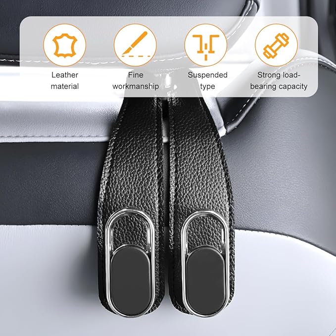 Car Seat Headrest Double Hook, 2PCS Multifunctional Soft Leather Vehicle Purses & Bags Holder, Hidden Design Automotive Interior Storage Hanger, Universal for SUV, Truck, RV (Black)