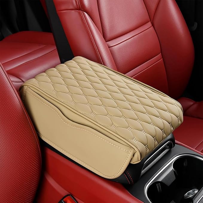 Car Armrest Cushion for Lexus UX RZ RC RX 2003-2025, Auto Center Console Covers Pad Leather Accessories, Memory Foam Arm Rest Protector Mat with Side Storage Bag, C/Beige
