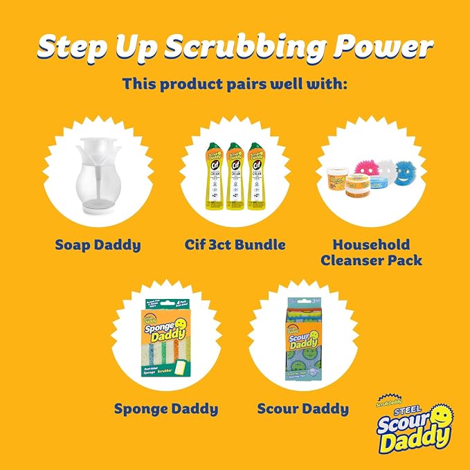 Scrub Daddy Steel Scouring Pad Scrub Sponges - Stainless Steel Scour Daddy - Stainless Steel Fibers Do What Scrubbing Sponges Can't - Durable, Shred-Resistant Scrubbing Pads - 2 Count (6 Pack)