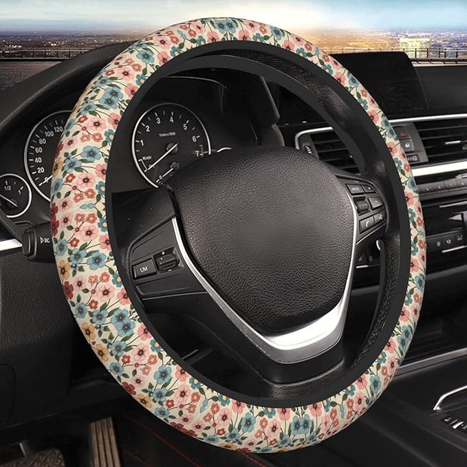Neoprene Steering Wheel Cover Flowers Asthetic Pattern Car Steering Wheel Cover Universal Fit for Most Cars