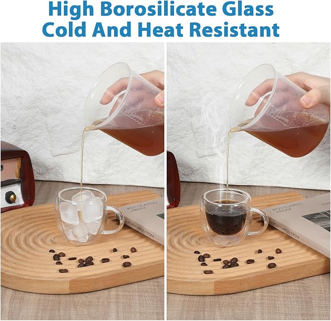 6 Pack 2.7oz Double Walled Glass Coffee Mugs with Handles, Clear Glass Coffee Mugs, Insulated Borosilicate Cups, Insulated Layer Coffees Cups for Cappuccino, Tea, Latte, Milk, Microwave Safe