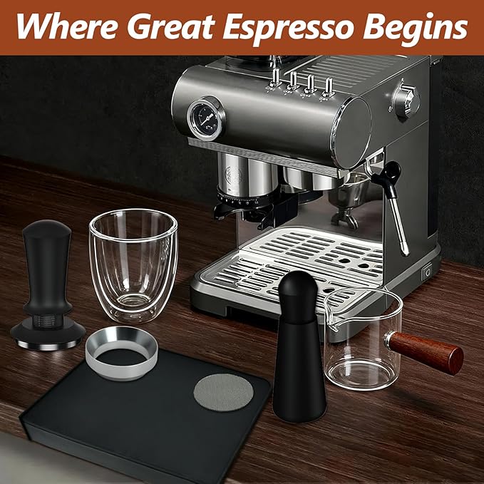 7 Pcs 58mm Espresso Accessories Kit, Spring Loaded Calibrated Tamper, WDT Tool, Coffee Measuring & Espresso Cup and Tamper Mat, Puck Screenr & Dosing Funnel, Fit 58mm Espresso Machine Accessories