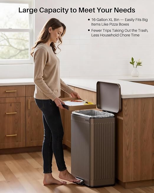 Lovewind 60 Liter/ 16 Gallon Stainless Steel Trash Can with Soft-Close Lid, Large Footstep Garbage Can with Roman Texture, Removable Inner Buckets, Recycling Bin for Kitchen Office, Brown