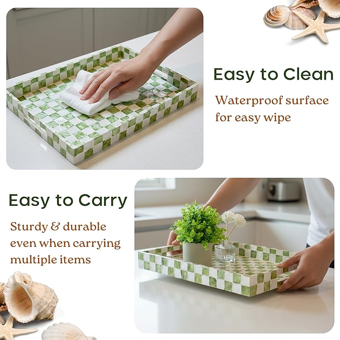 15.8" x 11.8" Decorative Rectangular Tray with Natural Capiz Shells, Checkered Tray with Handles, Serving Tray for Ottoman, Coffee Table, Kitchen Counter Home Decor (Pistachio Green)