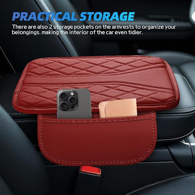 Car Center Console Cover, 11.8"×6.7" Leather Armrest Cover for Cars, Multifunctional Auto Armrest Cushion Pad with Storage Pocket, Universal Arm Rest Protector Car Accessories (Wine Red)