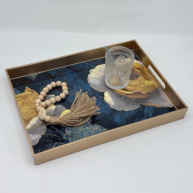 Serving Tray with Handles, 15.7 * 11.8 inches, Plastic Ottoman Tray with Exquisite Paintings, Trays for Coffee Table