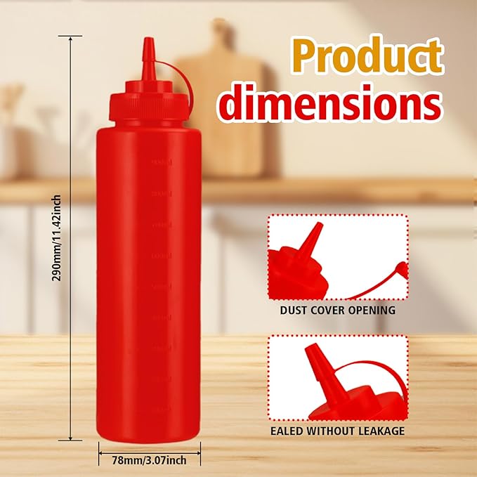 Squeeze Bottles for Sauces,Leak-Proof Condiment Dispenser, BPA-Free Kitchen Restaurant Squeeze Bottle Set with Wide Mouth for Ketchup, Mustard,Syrup,Dressings (Red, 6Pack-32oz(900ml))