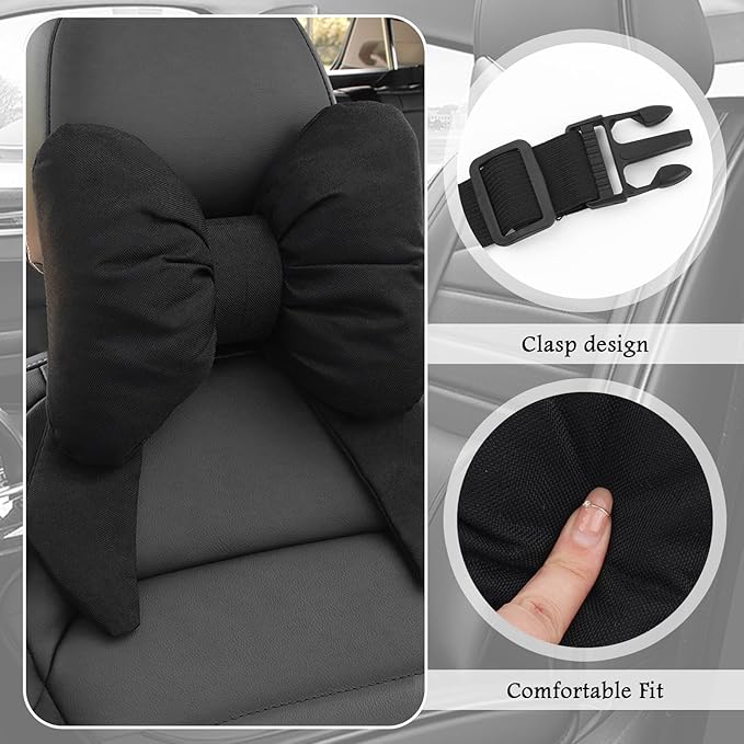 2PCS Cute Bow Car Headrest Pillow,Comfortable & Breathable Car Neck Pillows for Relief Neck Fatigue,Universal Head Rest Pillow for Cars Decoration as Birthday Gifts for Women,Girl (Black/2PCS)