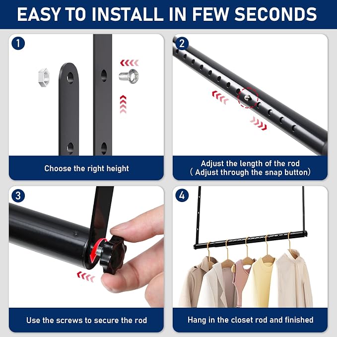 Hanging Closet Rod Extenders, Adjustable Width and Height Closet Extender Hanging Rod, Space-Saving Closet Hanging Rod, Heavy Duty Closet Bar for Hanging Clothes, 1 Pack Black