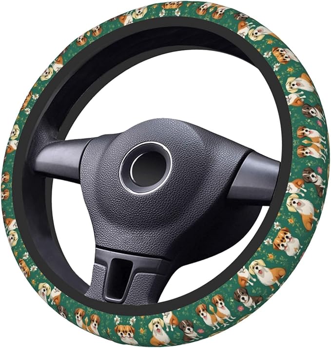 Dogs Flower Pattern Car Steering Wheel Cover, 15 Inch Steering Wheel Cover Stylish Decor for Most Cars