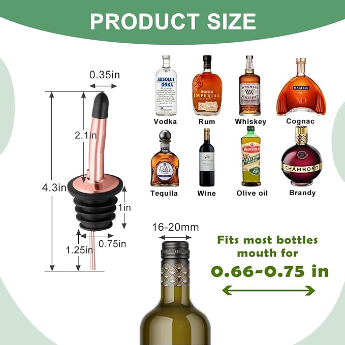 WAFJAMF 12 Pcs Liquor Pour Spouts Set, Stainless Steel Liquor Bottle Pourers with Rubber Dust Caps, for Pours Liquid, Olive Oil, Wine, Vinegar (Rose Gold-12 Pack)