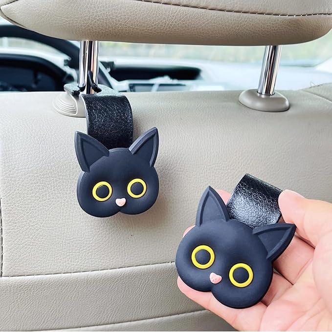Car Seat Headrest Hooks,2 Pack Black Cute Cartoon Cat Hook 360° Rotation Heavy Duty Car Purse Hook Hanger for Bags, Coats, Umbrellas, Groceries, Universal Vehicle Fit