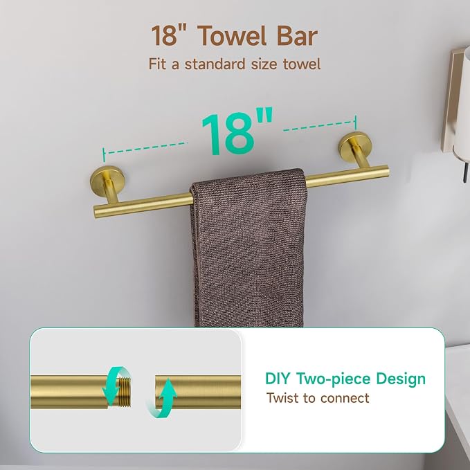 USHOWER Brushed Gold Bathroom Accessories Set, 18-Inch Towel Bar Set Wall Mounted, Durable SUS304 Stainless Steel Bathroom Hardware Set, 8-Piece