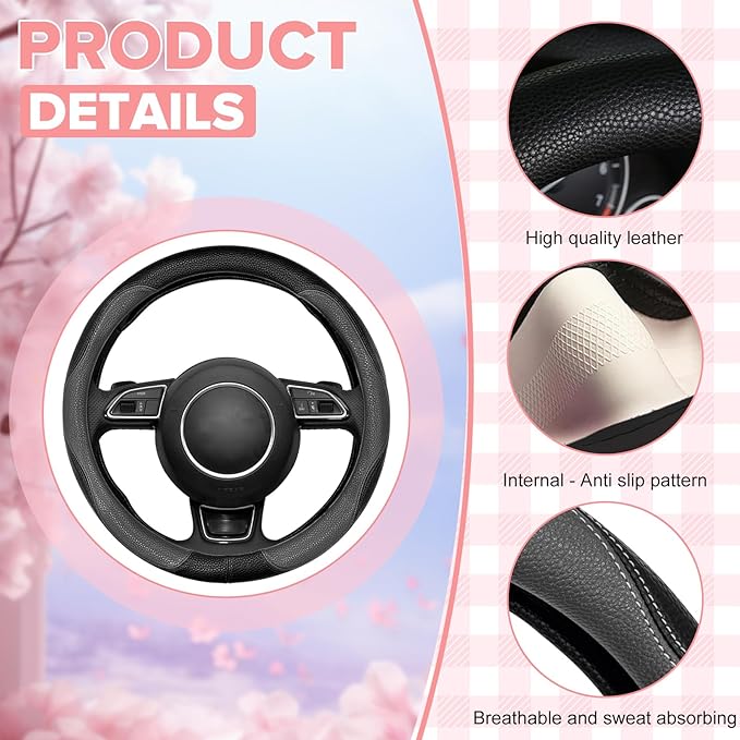 Gray Steering Wheel Cover,Slip-Proof Breathable Comfort PU Imitation Leather Cute Car Accessories for Women Girl, Universal Protector in All Season 15 inch Fit Most Car