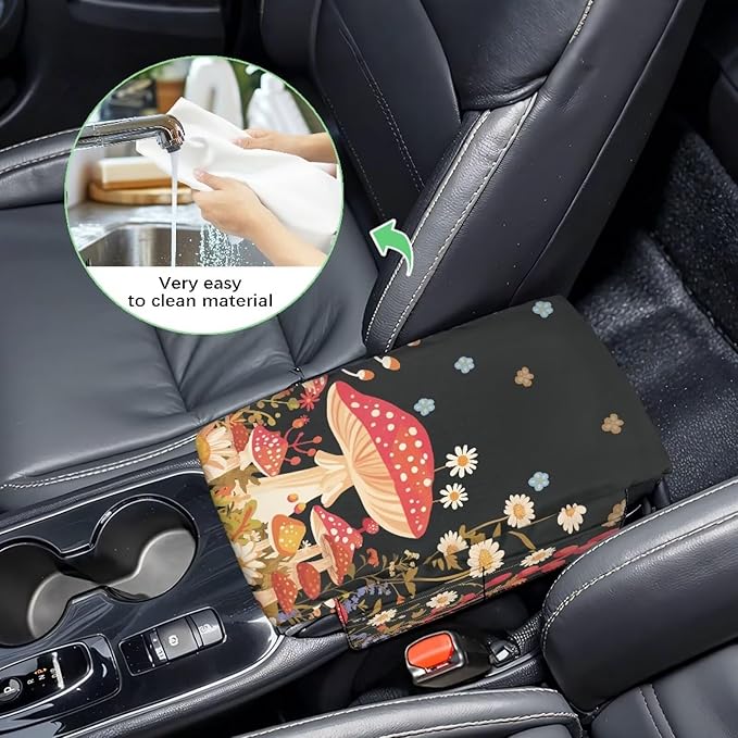 Dreaweet Center Console Cover Mushroom Cute Car Accessories for Women,Car Console Covers with Pockets,Universal Armrest Cover Soft Comfy Arm Rest Pad for Most Cars SUV Sedan