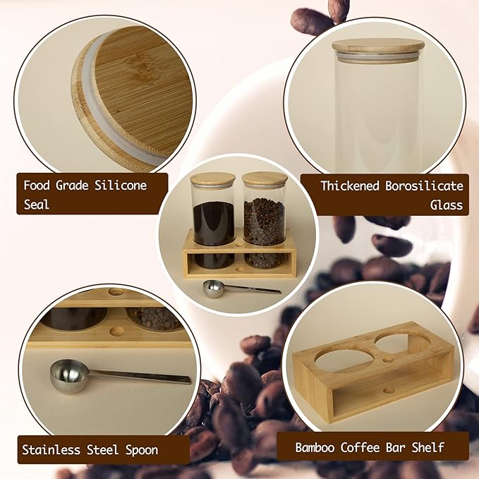 Glass Coffee Containers With Shelf - Coffee Bar Organizer And Accessories, Coffee Jars With Spoon, 2x 49oz Airtight Sealed Coffee Canister For Coffee Bean, Ground Coffee, Nuts