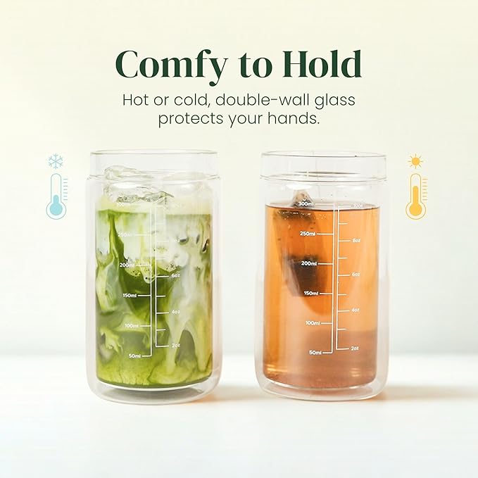 Slow Sippin' Glass Tumbler with Straw & Lid – 11.8oz / 350ml Double-Walled Glass Coffee Cup, Matcha Cup with Volume Markings, Tritan® Straw & Cleaner – Reusable, BPA-Free Iced Coffee Tumbler