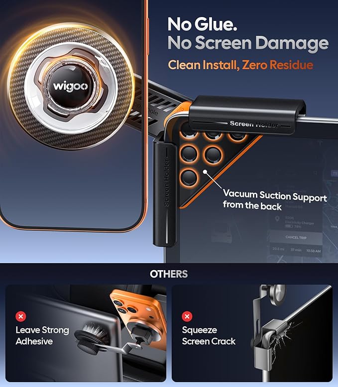 Wigoo for Magsafe Tesla Phone Mount, Magnetic Phone Holders for Tesla Model 3 Y Accessories, 【Strongest Magnet Power, No Glue, Extendable Arm】 Vacuum Car Phone Mount for iPhone 17 16 15 14 13 Series