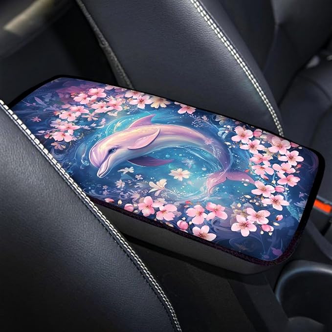 Floral Dolphin Car Center Console Cover for Women Dustproof Decorative Armrest Cushion Cover Non Slip Automotive Decorations for Cars Vehicles SUV, Easy to Install
