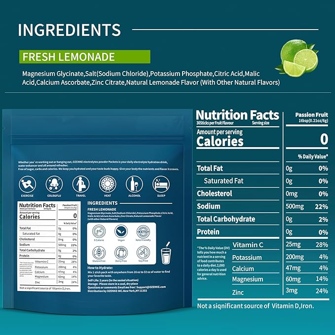 30 Sticks Electrolyte Powder Packets Sugar Free Hydration Packets Electrolytes Drink Mix for Rapid Hydration, Lemonade Flavor