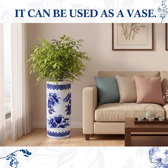 Sawysine Blue and White Ceramic Umbrella Stand, Floral Design Floor Vase for Entryway Indoor Decorative, 19.7" Heavy Porcelain Holder for Umbrellas Canes Home Decor(19.7 Inch,Landscape)