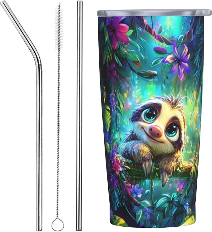 Sloth Tumbler with Lid and Straw 20oz Coffee Tumblers Leakproof Stainless Steel Travel Mug Vacuum Insulated Cup for Iced and Hot
