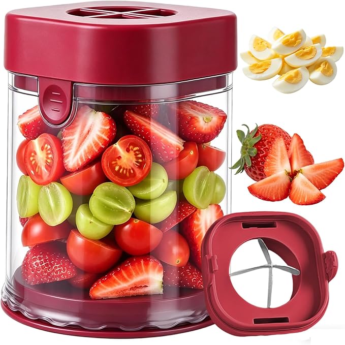 NOVANO Fruit Slicer Cup, Red | Small Fruit Cutter, For Strawberry, Cherry Tomato, Grape, Egg, Egg Slicer For Hard Boiled Eggs, Portable Kitchen Gadget