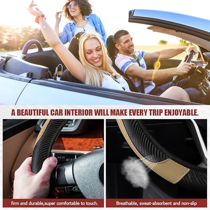 Car Steering Wheel Cover, Steering Wheel Protector, Universal 14.5-15 Inch Microfiber Leather Breathable Auto Steering Wheel Covers, Carbon Fiber Steering Wheel Cover for Women Men (Beige)