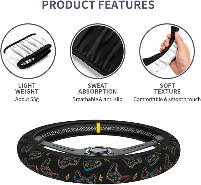 Game Steering Wheel Cover With 2 Car Coasters Non Slip Neoprene For Women Men Universal 15 Inch