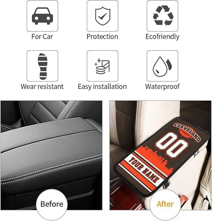 Custom Football Car Armrest Covers Personalized Football Style with Name Number Customized Auto Center Console Pad Car Handrail Box Cushion for Most Vehicle Decor Accessories, Orange