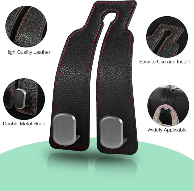 2PCS Car Seat Back Storage Headrest Hooks, Genuine Leather Double Metal Hook for Backseat Organizer for Men Women Car Organization Accessories (G)