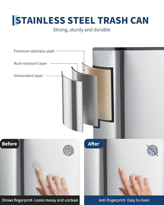 4.8 Gallon/18 Liter Trash Can, Stainless Steel Step Garbage Can with Quiet Soft-Close Lid, Foot Pedal & Removable Inner Bucket, Rectangular Trash Bin for for Small Kitchen Home Garage Office, Silver