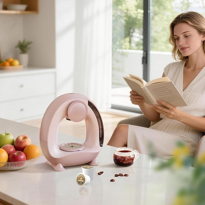 3 in 1 Single Serve Coffee Maker for K Cup Pink, Ground and Tea Leaves, Mini K Cup Coffee Brewer with One Button Operation, 1400W 20s Fast Heating,Compact for Small Spaces-Glass not included