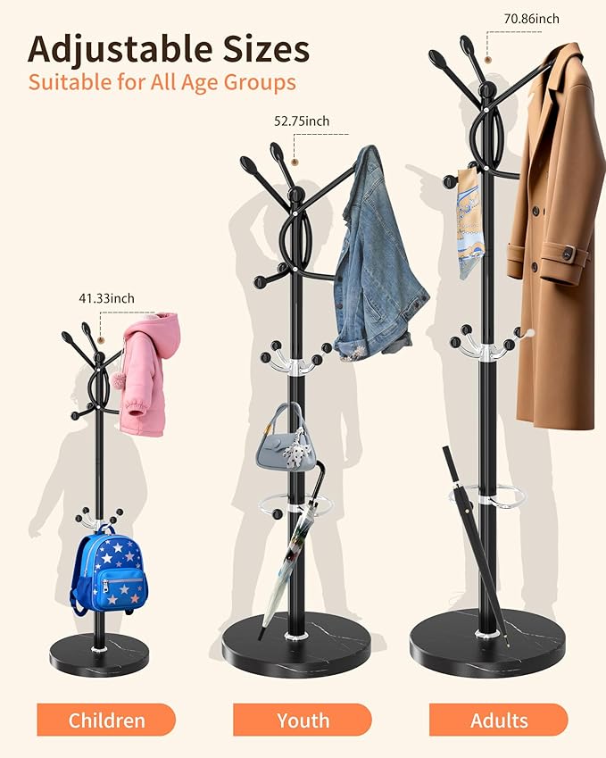 ZOZOE Metal Coat Rack Stand, Modern Coat Rack Freestanding with Natural Marble Base, Sturdy Coat Racks with 10 Hooks & Umbrella Holder,Black Coat Tree Hanger Stand for Bags,Hats,Entryway,Office