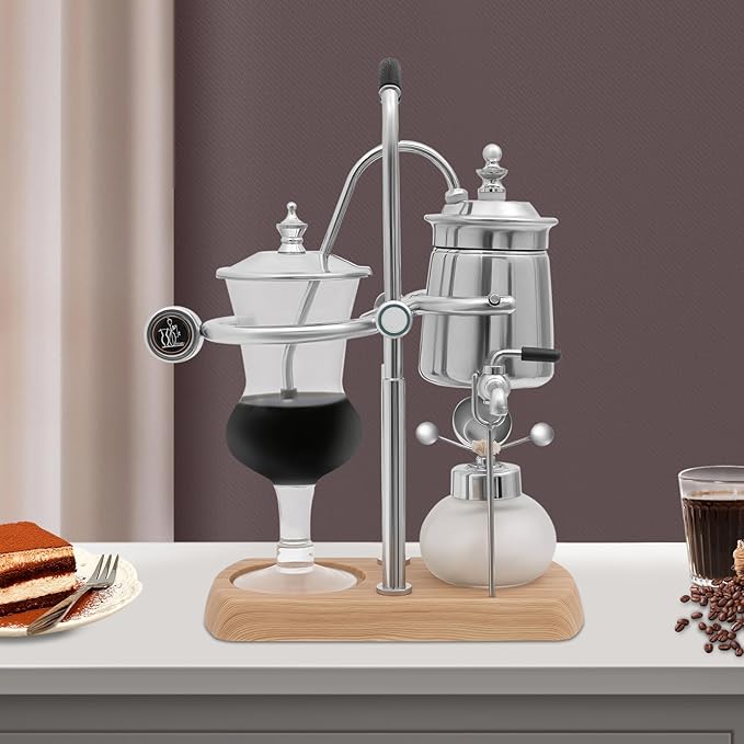 Belgium Royal Family Balance Siphon Coffee Maker, Gravity Vintage Coffee Makers, Vacuum Brewing System 400ml/13.53oz, for Kitchens, Coffee-Shops, and Beverage Stores, Silver