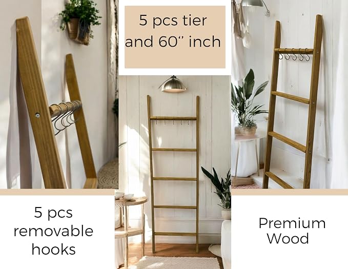 2 Pack Wooden Ladder Set, 1 pcs Blanket Ladder and 1 pcs Towel Ladder - Beech Wood 59'' inc 5 Tier and 5 Extra Hooks Blanket Ladder, Living Room and Bathroom Home Decor, Wall Decorative Shelves
