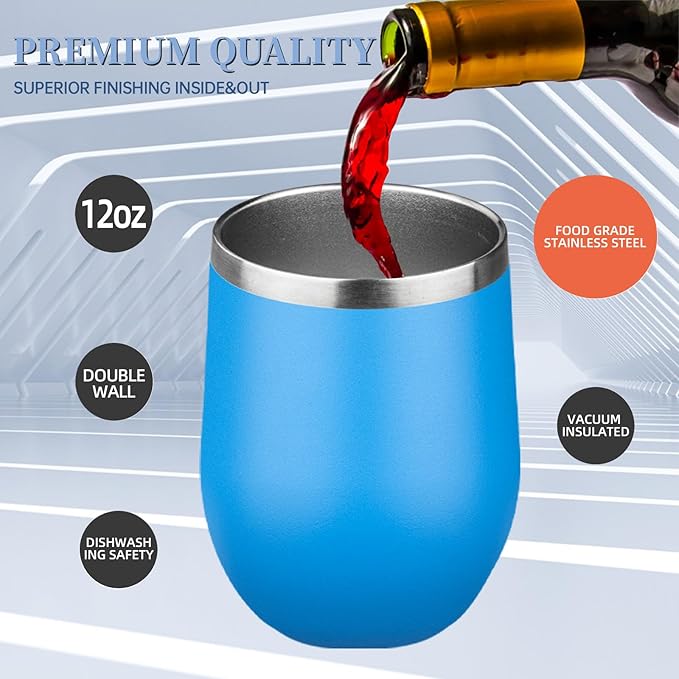 12oz Wine Tumbler with lid, Stainless Steel Travel Mugs Stemless Double Wall Insulated Coffee Cup, Insulated Wine Glasses Travel Tumbler for Cold & Hot Drinks(Blue, 1)