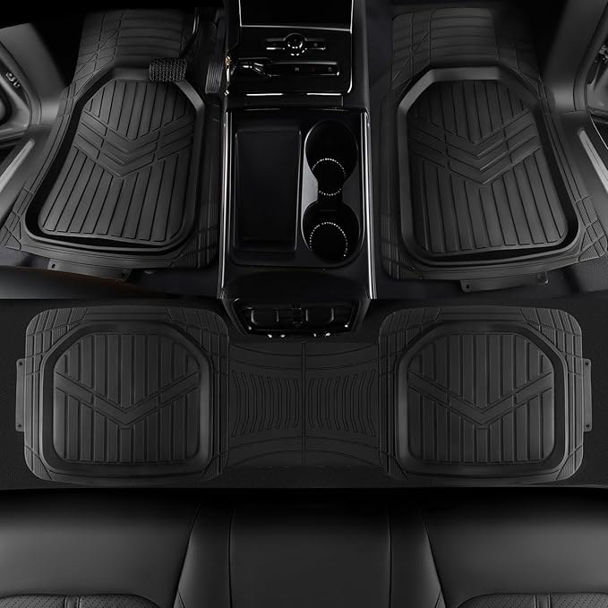 Amazon Basics 3-Piece All-Weather Heavy Duty, Full Set PVC Floor Mats for Universal Fit in Cars, SUVs, and Trucks, Black, Trim to Customize