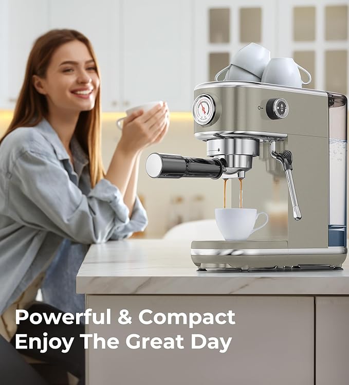 20 Bar Espresso Machine with Milk Frother, Compact Espresso Maker, Stainless Steel Coffee Machine with Precise Temp Control & 44oz Removable Water Tank for Latte, Cappuccino, Light Grey