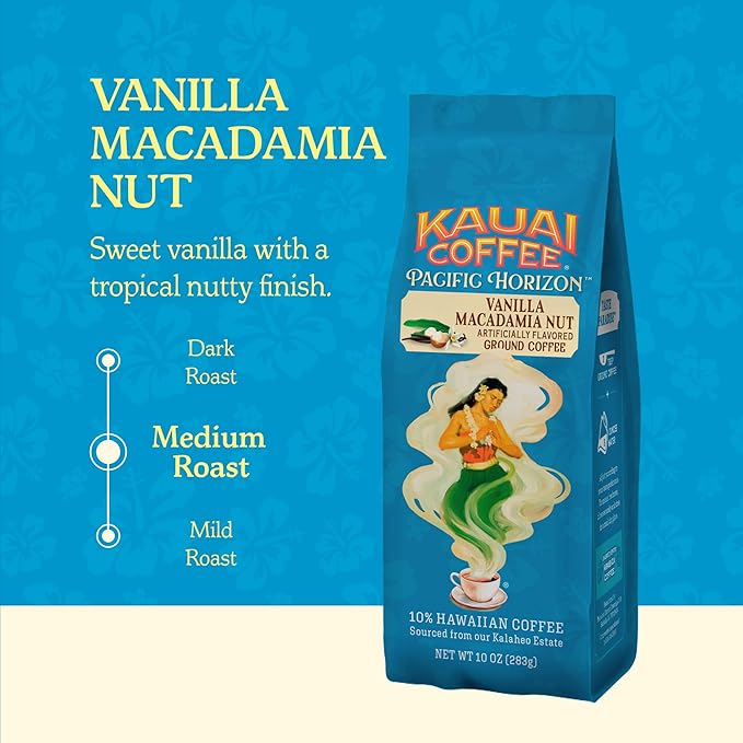 Kauai Coffee Ground Coffee – Smooth, Rich, Medium Roast – Slightly Sweet Nutty Flavor – Arabica Coffee, 10% Hawaiian with No Bitterness – Vanilla Macadamia Nut, 1 Pack of 10oz