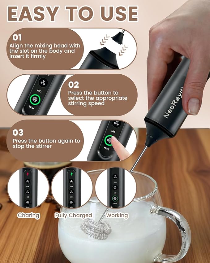 Rechargeable Electric Milk Frother Handheld, 3-Speed Wireless Preventing Splashing Drink Mixer with Stand, 10-Second Frothing for Coffee, Matcha, Latte, Cappuccino, and Protein Shakes, Black