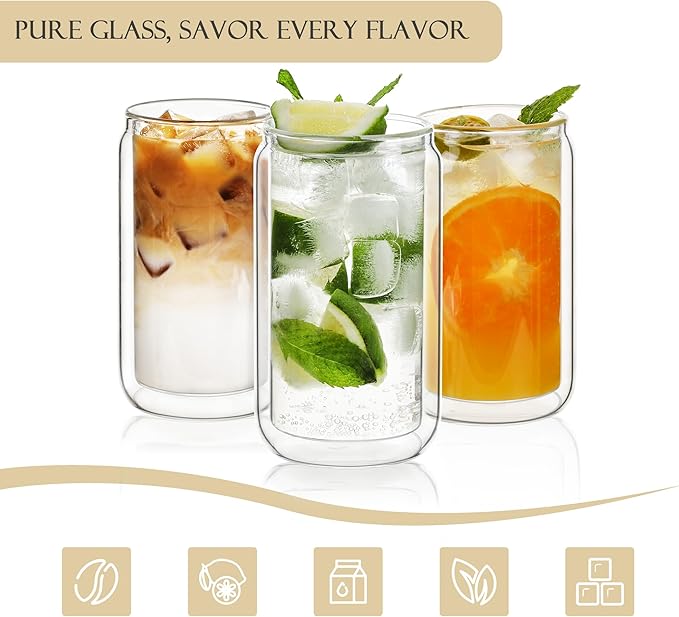 LIBWYS 16oz Double Wall Drinking Glass Cup with Bamboo Lid and Straw, 1 Pc Set – Condensation Resistant Insulated Glass Can Tumbler for Cold Drinks, Iced Coffee, Tea, Juice, Cleaning Brush
