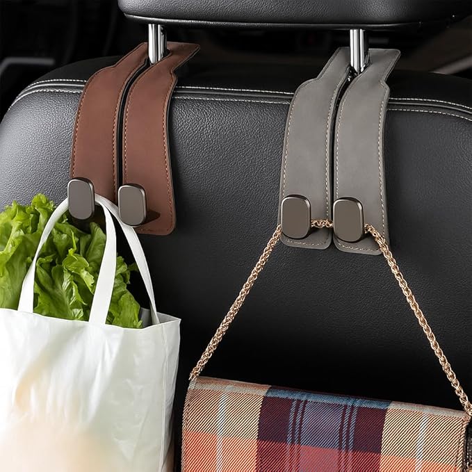 Car Seat Back Storage Hook, 2026 New Two Hook Fur Leather Seat Back Headrest Hanger Genuine Leather Double Metal Hook for Backseat Organizer, Car Organization Accessories (4, Brown)