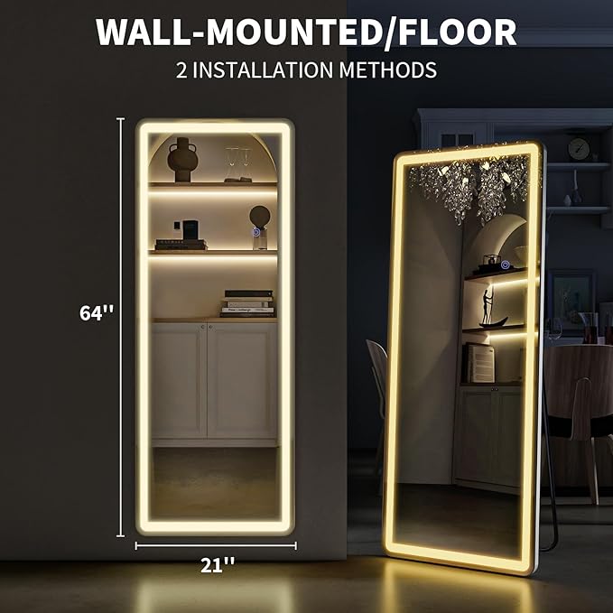 VooBang 64"x21" LED Mirror Full Length - Floor Body Mirror with Dimmable Lights - 3 Color Modes, Standing Leaning Wall Mounted for Bedroom, Dressing Room