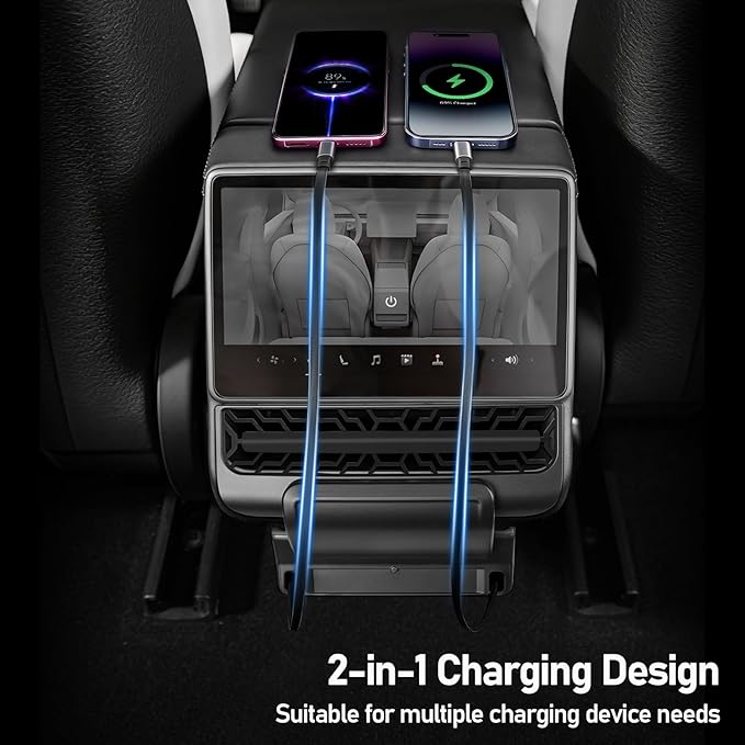 Rear USB Charger Hub for Tesla Model Y Juniper 2025,2026 Accessories- 4-Port Fast Charging Hub with Sliding Cover, 2 Type-C Docking Station for Tesla Model 3 Highland 2024-2026