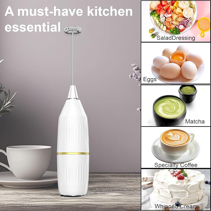 Milk Frother Handheld, Multi-Functional Electric Frother & Mixer | Compact Design for Easy Storage | Easy Clean | for Coffee, Latte, Matcha, Protein Shakes, Eggs | Kitchen Gift Idea (White)