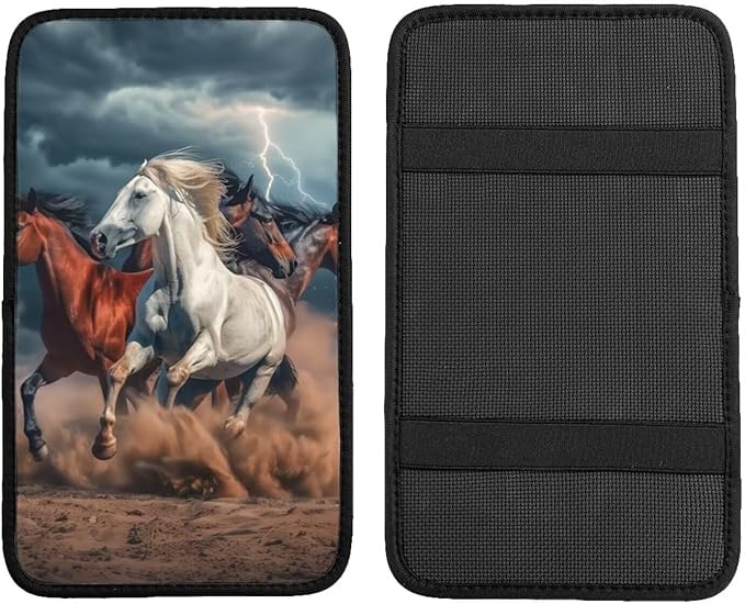 Horse Print Auto Center Console Cover Pad Art Running Horses Armrest Covers Anti-Scratch Arm Rest Box Cushion Protector Fit for Most Cars Sedans Vans Truck Vehicles SUV