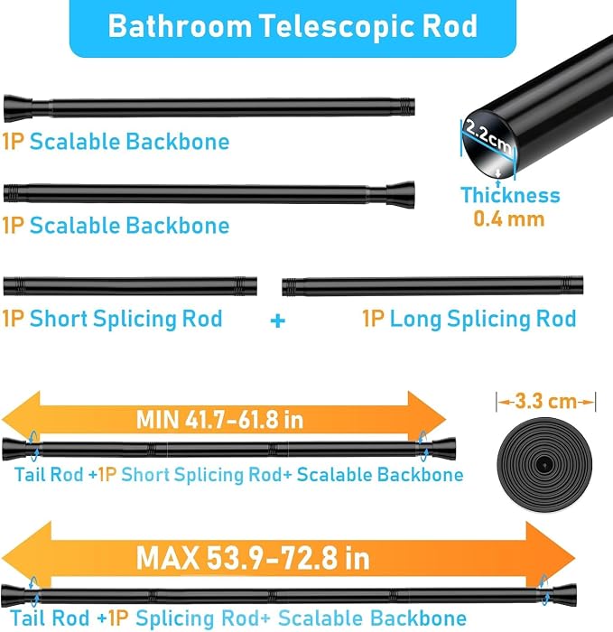 AIZESI Spring Tension Rods Adjustable Tension Curtain Rod Small Tension Rod No Drilling Expandable Spring Loaded Curtain Tension Rod?Black,45" to 77"-2Pcs)